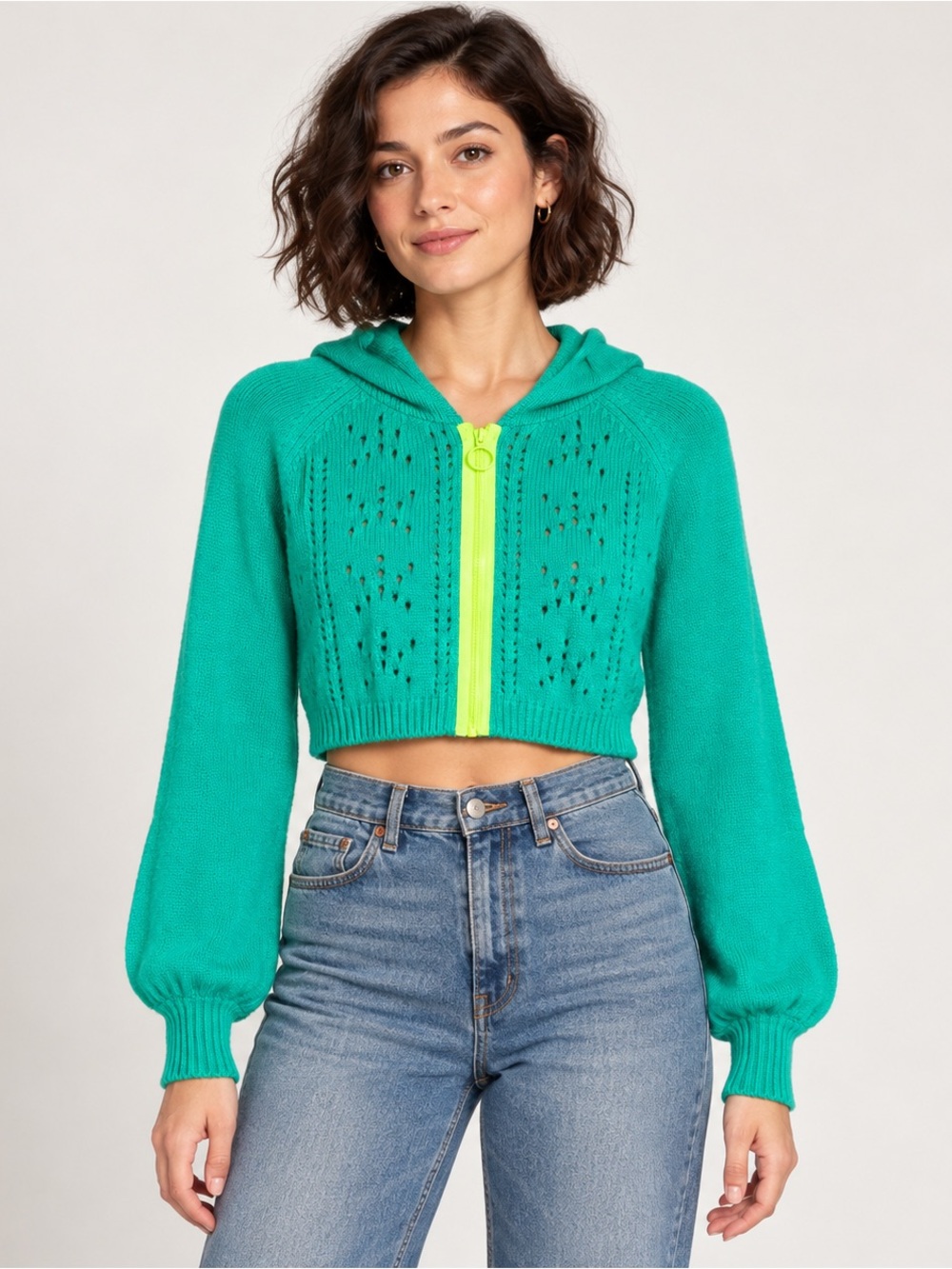 For Love & Lemons Sweater Womens Small Green Cropped Hoodie Zip Pointelle Knit